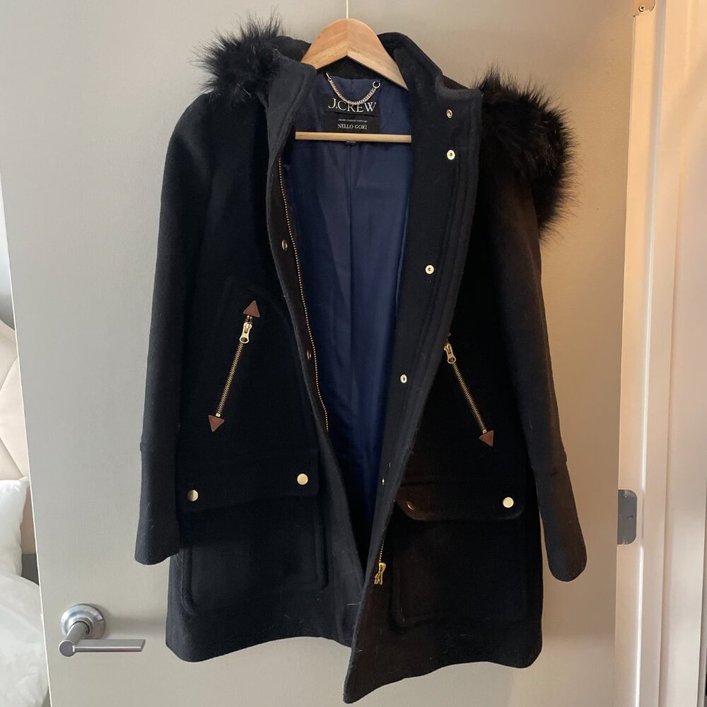 EUC J.Crew Chateau Parka Coat Italian Stadium Cloth Wool Black Size 0 - Picture 2 of 3